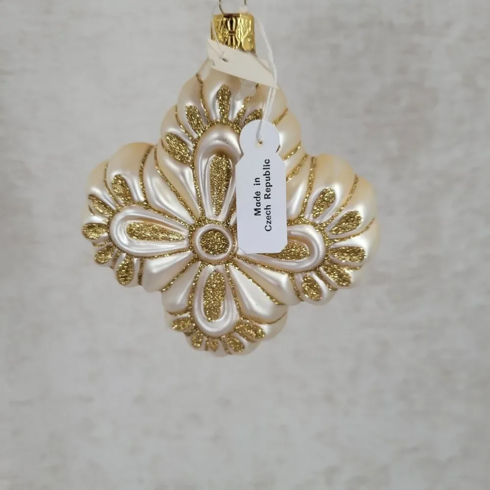 Vintage Gold and Cream Hand Blown and Painted Glass Ornaments European Artisan